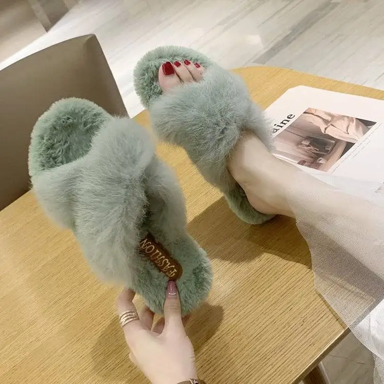

Network hong zhen Rabbit Fur Plush Slipper Women's 2019 New Style Autumn And Winter Versatile Fashion Flat INS Outer Wear Cross