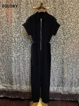 

High Quality Jumpsuit 2020 Spring Summer Bodysuits Women Turn-down Collar Front Zipper Short Sleeve Dark Blue Black Jumpsuits