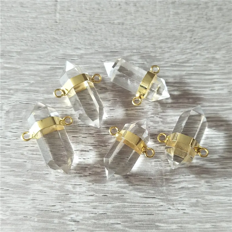 FUWO Wholesale Natural Crystal Quartz Point Pendant,Golden Double Bail Healing Stone Accessories For Necklace Making PD379 5Pcs