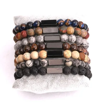 Men Jewelry Bracelet Natural Stone Custom Text Laser Stainless Steel Charm Male Beaded Elastic Bracelet men women