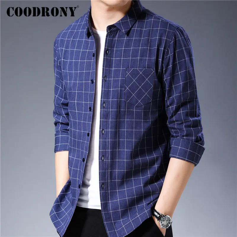 Бренд COODRONY, мужская рубашка, Классическая, в клетку, Бизнес Стиль, повседневные рубашки, длинный рукав, чистый хлопок, рубашка для мужчин, новинка, Camisa Masculina 96097