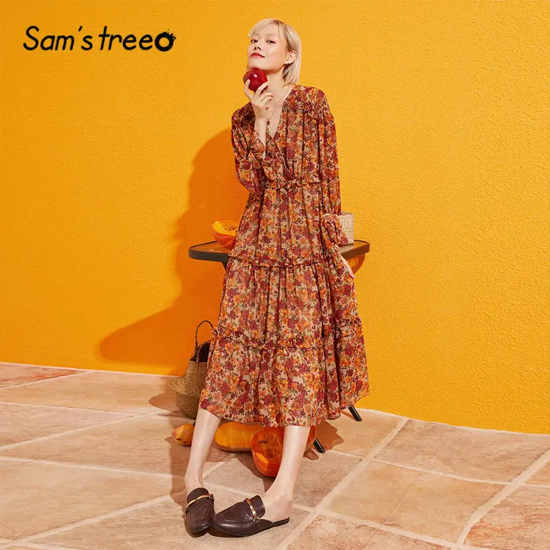 

Samstree Floral Print Ruffle V Neck Boho Chiffon Dress Women Clothes 2019 Autumn Vacation Long Sleeve Female Platycodon Dresses