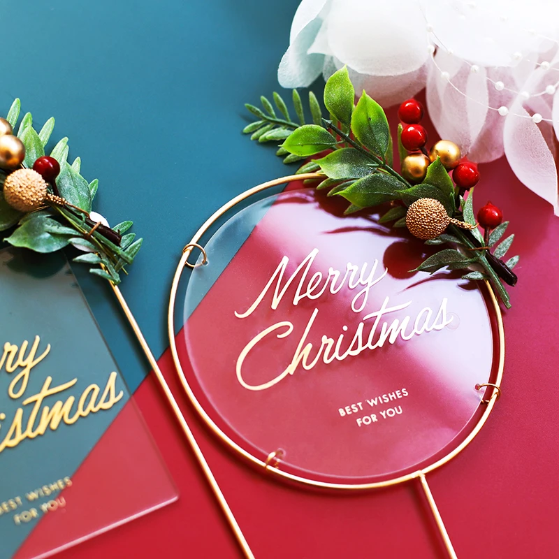 

Merry Christmas Cake Topper Round Square Shape Metal Cake Topper For Xmas Cake Decor Flag Christmas Party Cake Decorating Supply