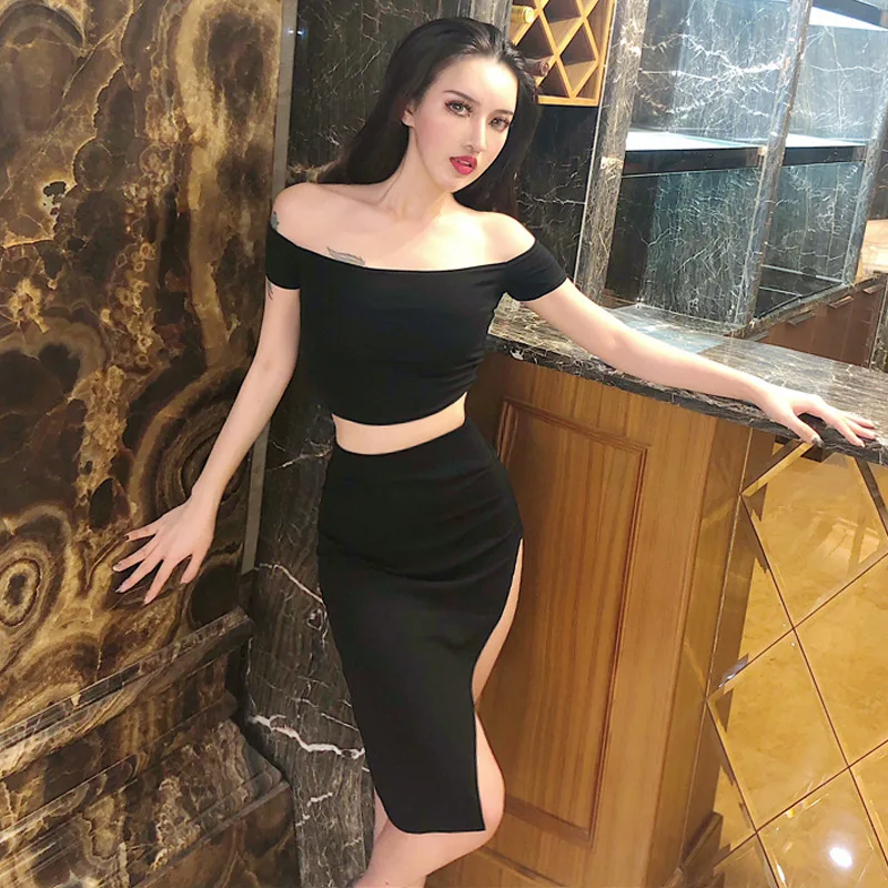 

2018 New Style Horizontal Neck off-Shoulder Short Vest + Slit Skirt Set 965h303