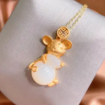 

SNew silver creative cute charm mouse pendant necklace inlaid with natural Hetian Chalcedony women wedding brand jewelry