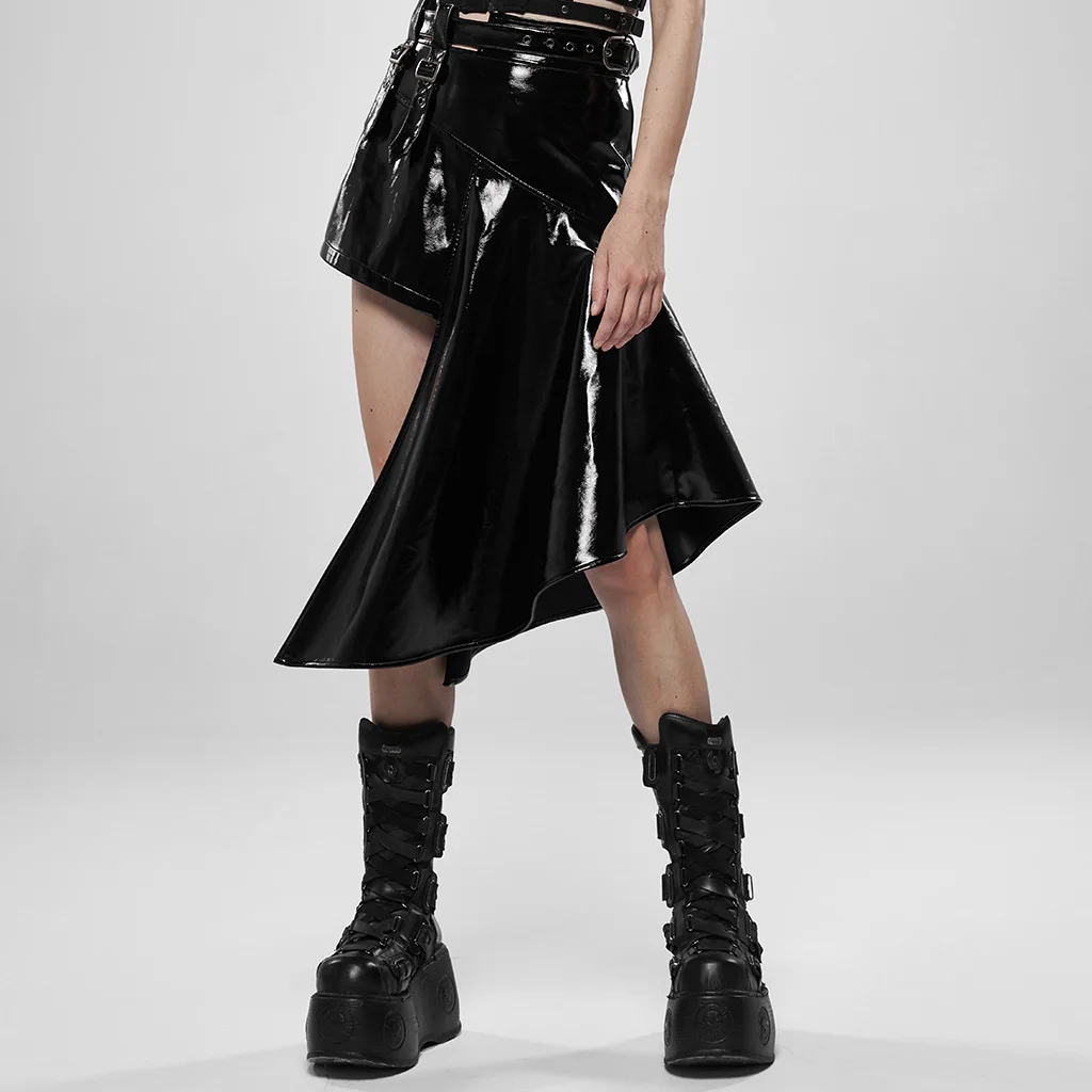 PUNK RAVE Women's Metallic Rock Irregular Skirt Elastic Patent Leather Hollow-out Waist Personality Short Skirt