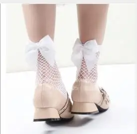 Женские винтажные ажурные короткие носочки по щиколотку, кружевные носки в сеточку с рыбками и бантом, женские носки в сеточку - Цвет: white