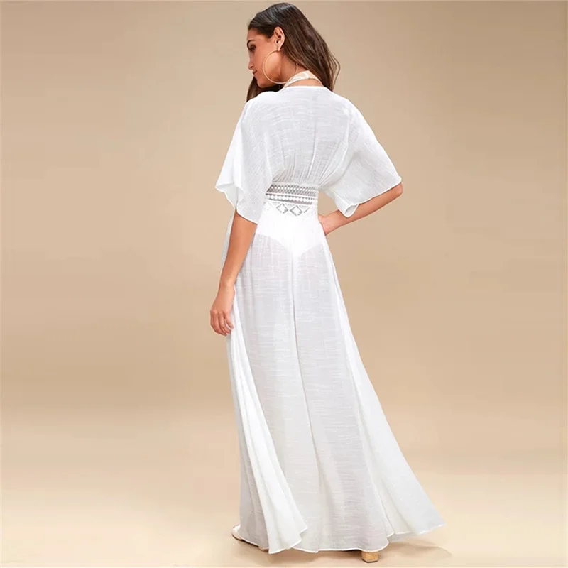 Bikini Cover Up Beach Long Maxi Dress Women Beach Cover Up Tunic Pareo White V Neck Dress Robe Swimwear Bathing Suit Beachwear bikini cover up dress