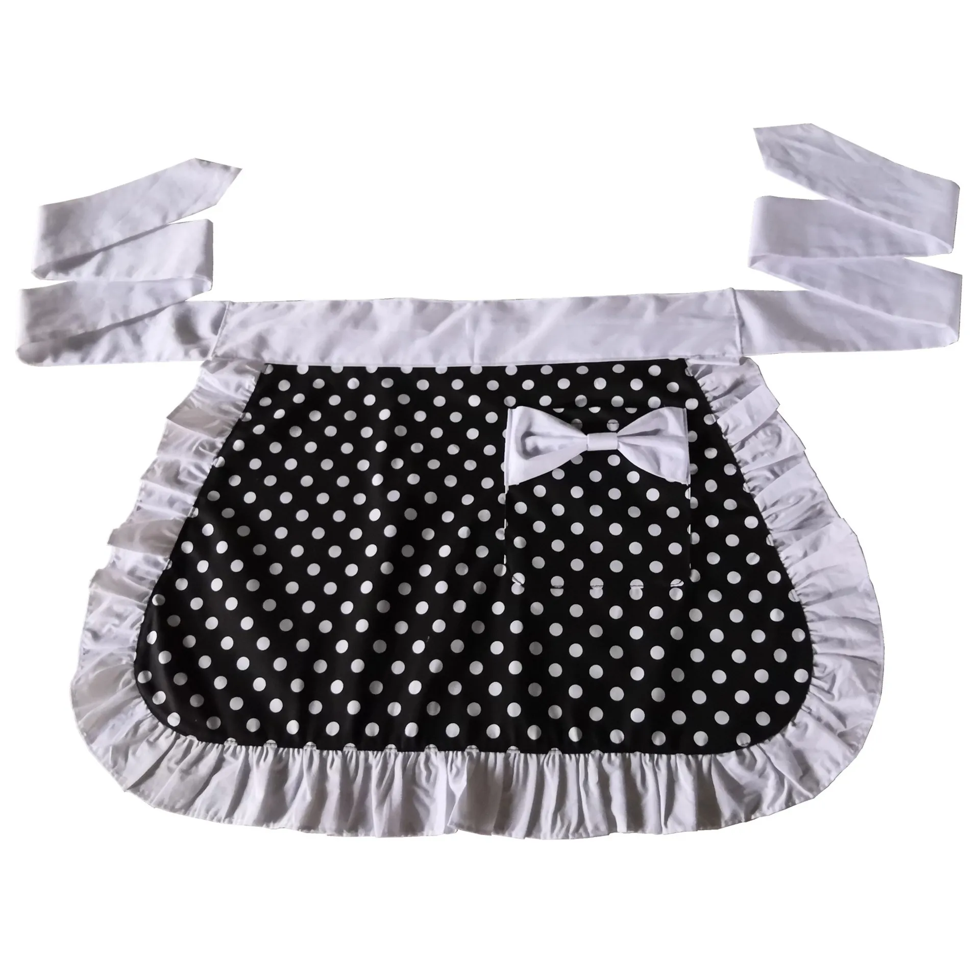 Black Sexy Waist Apron with Pocket, Polka Dot Ruffle Side Cotton Kitchen Cooking Waitress Server Half Aprons Women Girl C1A18