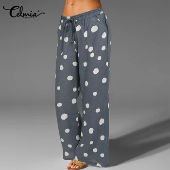

Celmia Plus Size Vintage Linen Pants Women Casual Loose Elastic Waist Wide Leg Long Trousers Polka Dot Print Palazzo Femme Pant