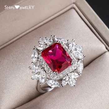 

Shipei 100% 925 Sterling Silver Asscher Cut Ruby Created Moissanite Gemstone Wedding Band Fine Jewelry Vintage Ring For Women
