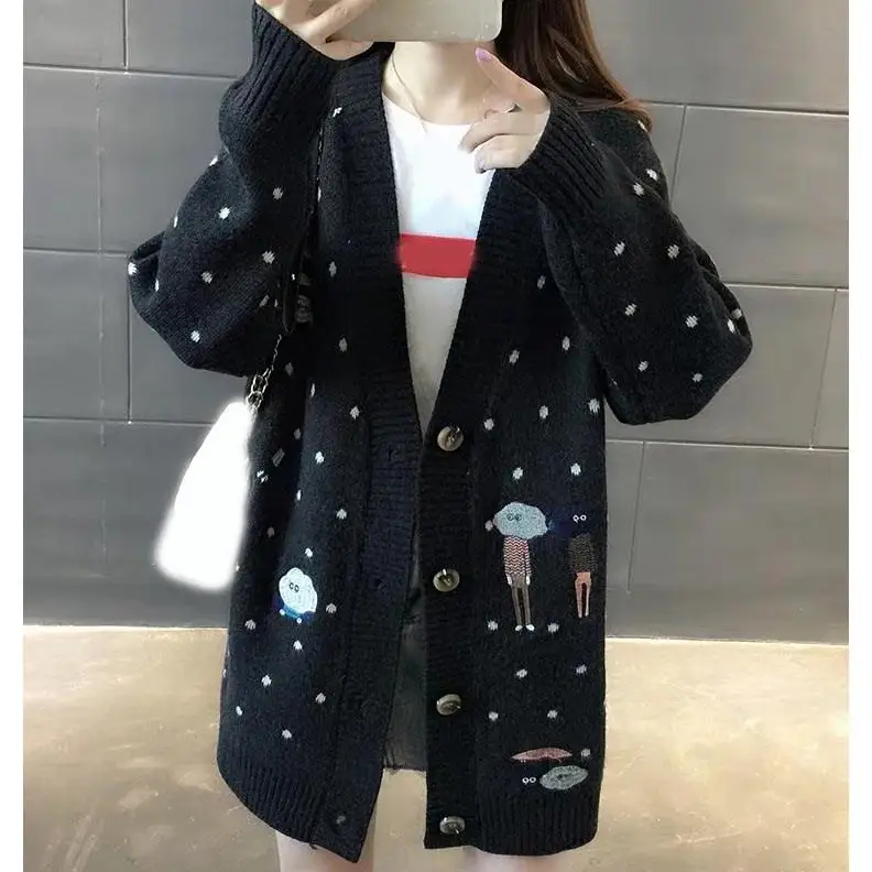 2019 Autumn Winter Women Cardigans Sweater Cartoon Embroidery Single Breasted Knit |