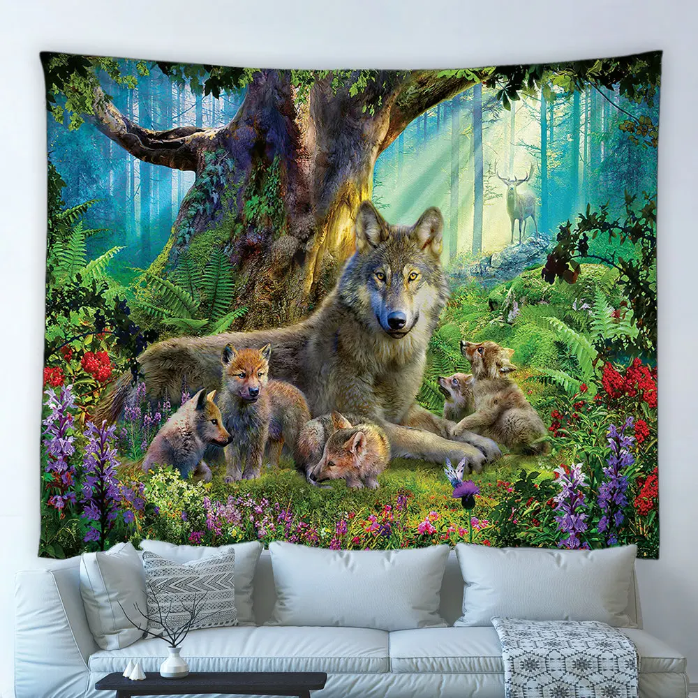 Wolves Forest Tapestry Art Wall Hanging Sofa Table Bed Cover Home Decor 