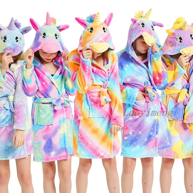 Kids Unicorn Hooded Bathrobe Children's Night Gown Bath Robe Kigurumi Animal Sleepwear For Girls Boys Clothes Towel Bath Robes