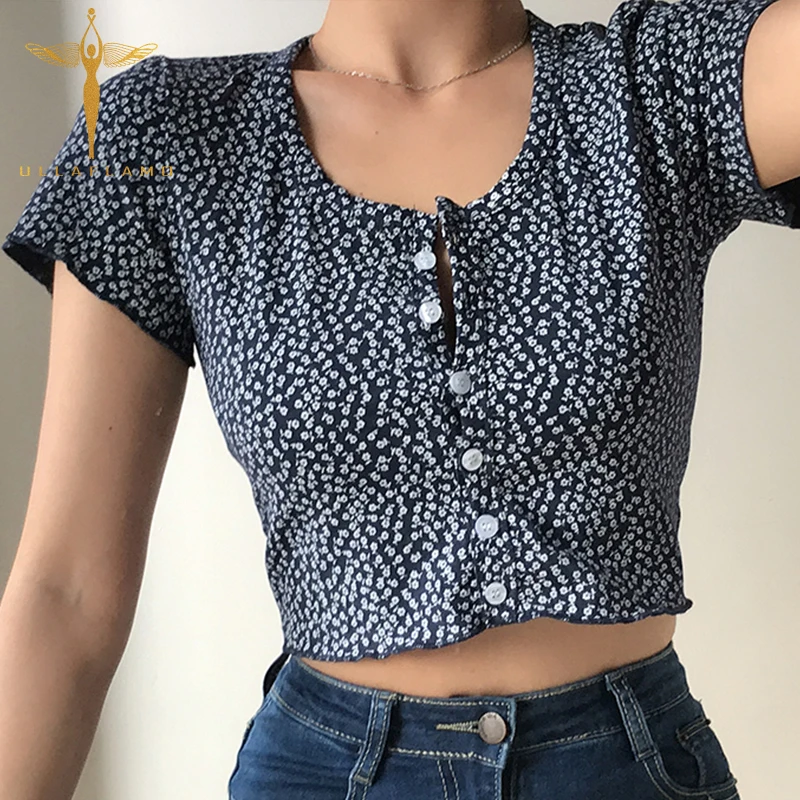 

Vintage Round Neck Short Sleeve Women Crop Top Flower Print Button Skinny T-shirt Blue Street High Waist Cotton Female T Shirt