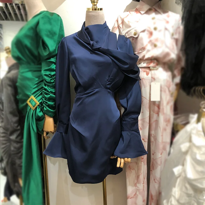 

2020 Spring New Temperament Ol Workplace Bell-Sleeve High Waist Dress Women's Bow Stewardess-Style Dress Dresses Femme Vestido