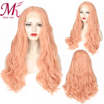 

Long Wavy Synthetic Lace Front Wigs for Black Women African American Hair Pink Wigs with Bangs Heat Resistant Cosplay Wig Moko