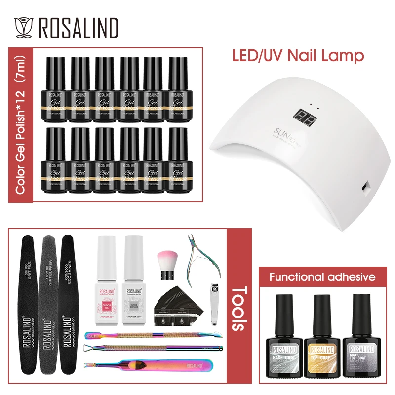 ROSALIND Manicure Set 12/20/24pcs Gel Nail Polish Set With UV LED 24W/48W Lamp Dryer Vernis Semi Permanent Nails Art Tool Kit 2