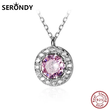 

SERONDY 925 Sterling Silver Round Pink Crystal Pendants Choker Female Necklace For Women's Accessories Jewelry 2020 Gift XL10886