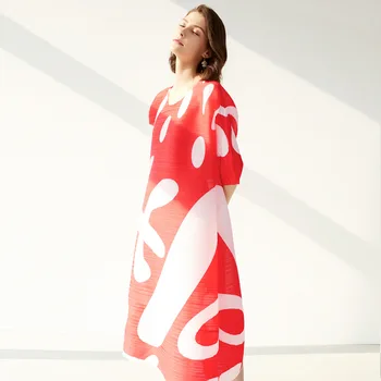 

LANMREM 2020 Pleated Dress Women's Seven Sleeve High Quality Loose Over Size Striped Casual New Spring Design Fold Clothing