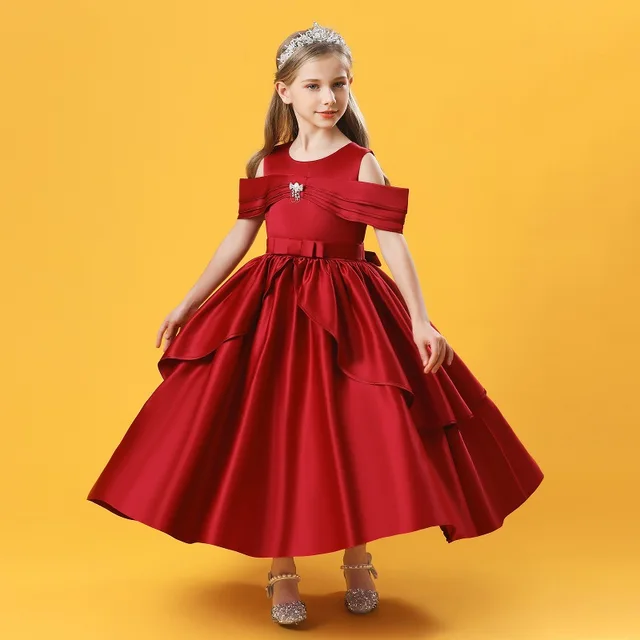 B023 Short Sleeve Bow Flower Girls Wedding Christmas Children Evening Party Dress 2021 Kids Ball Gowns 2