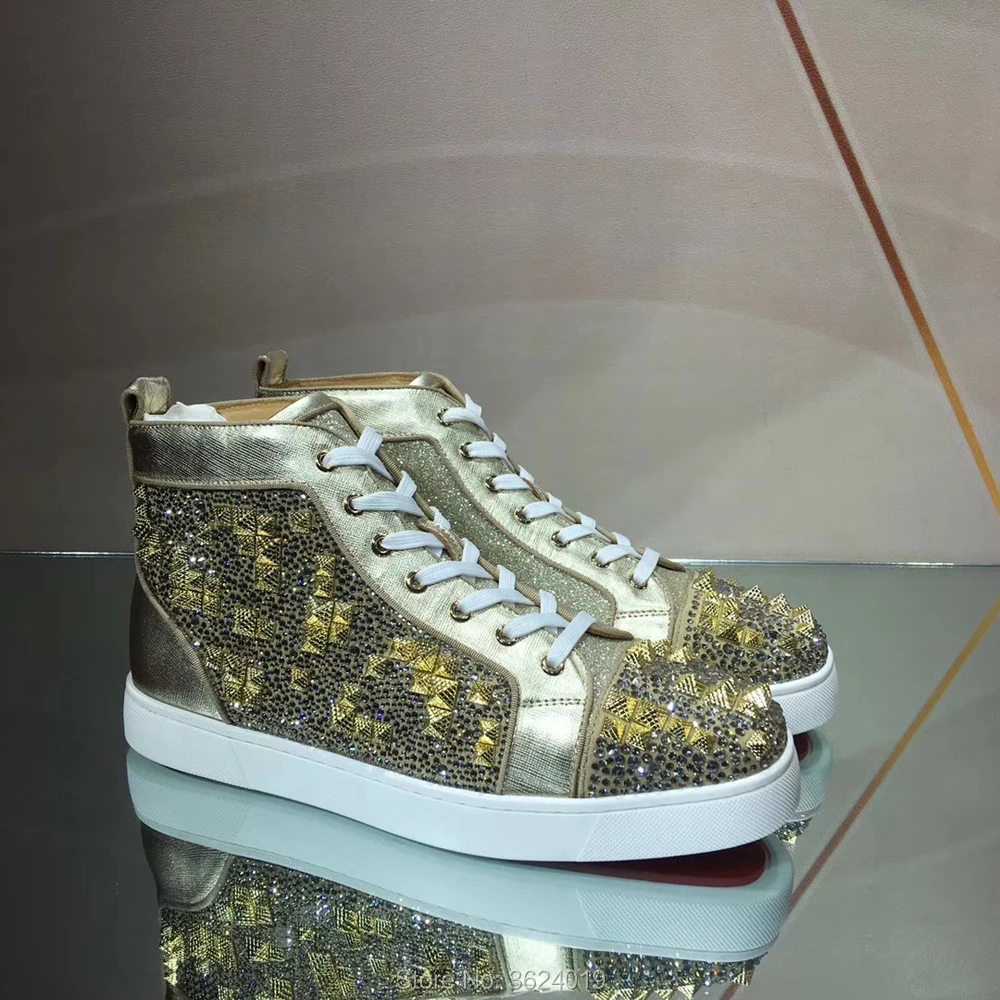 

High Top cl andgz Lace up Gold Leather Rhinestone diamond Rivets Red bottom Shoes For Men Sneakers leather casual Flat shoes