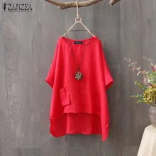 ZANZEA летняя блузка Женская туника с рукавом три четверти топы однотонная рабочая рубашка Повседневная Свободная винтажная хлопковая льняная Blusas Femininas Плюс Размер