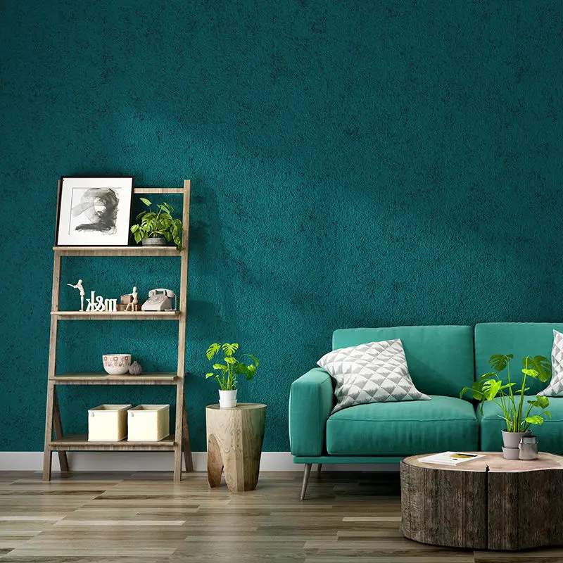 Peacock Blue Plain Mediterranean Waterproof Wallpaper INS Style TV Background Non-woven Dark Green Bedroom Wallpaper vintage