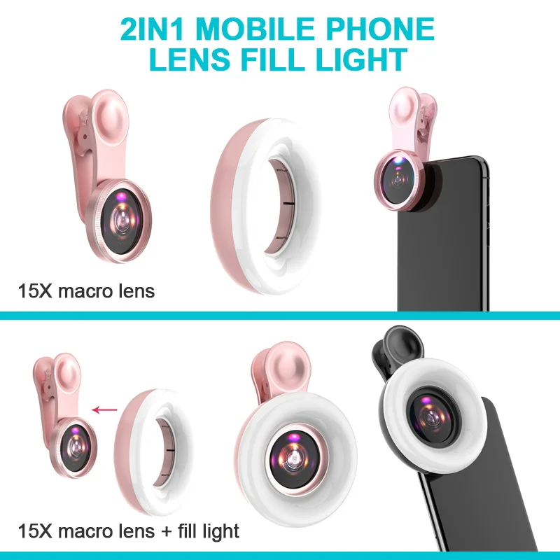 New Mobile phone fill light 15X macro lens Portable Selfie LED Ring Flash Light Phone Selfie Lamp Universal Ring Clip Light 20x zoom lens for mobile