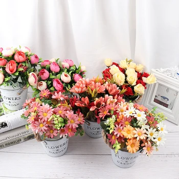 

Ceramic Hemp Rope Vase Rose Artificial Plants Potted Wedding Decoration Fake Flower Nordic Artificial Flower Set(Flower+Vase)