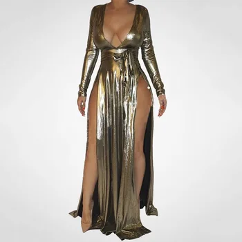 

Deep V Neck Long Sleeves Prom Dress Golden Women Long Dress Split Front Floor Length Evening Party Formal Prom Dresses