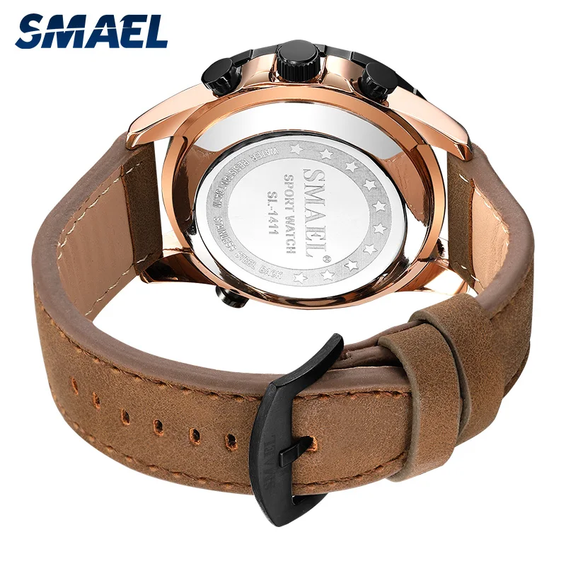 SMAEL Лидирующий бренд мужские часы Роскошные спортивные 3 бар Водонепроницаемые светодиодные наручные часы кожаный ремешок кварцевые наручные часы Мужские часы Relogio Masculino