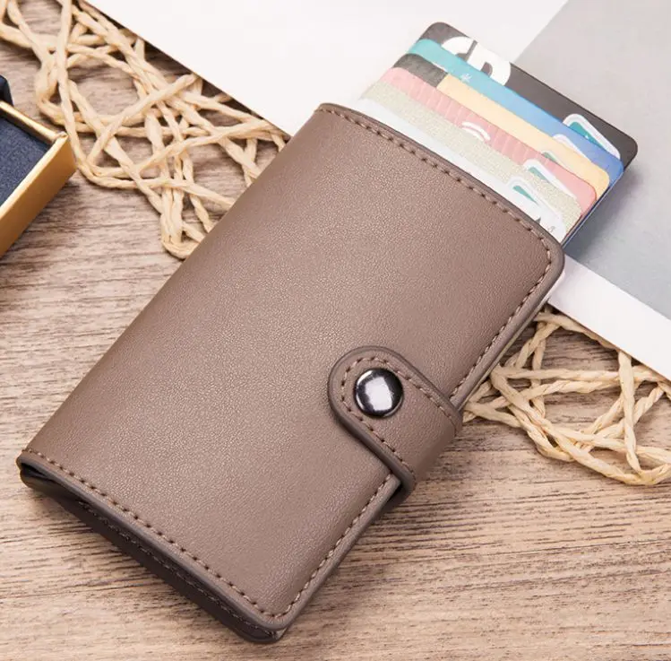 Автоматический мини-кошелек RFID из искусственной кожи, держатели для кредитных карт, алюминиевый сплав, противокражный чехол для ID карт - Цвет: gray