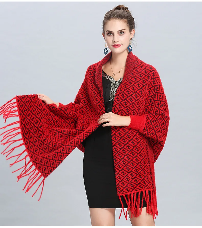 Oversize Fashion Autumn Winter Faux Imitation Knitted Poncho Women Letter 60*205cm Female Batwing Sleeves Wrap Vintage Shawl