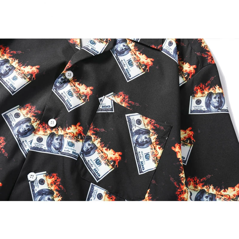 

2019 Summer Shirt Men Flame Print Shirts Turn-down Collar Men's Shirts Streetwear Hip Hop Short sleeve Tops
