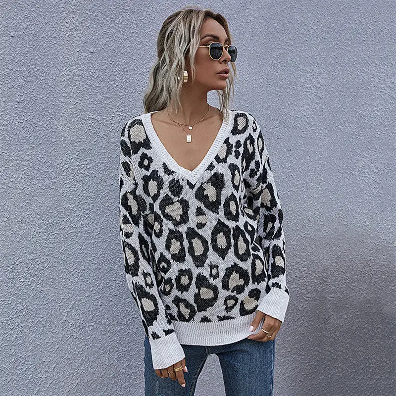 

Fashion Leopard Jumper Sweater Autumn Winter 2020 Ladies Knitted Sweater Women V-neck Full Sleeve Pullovers Top