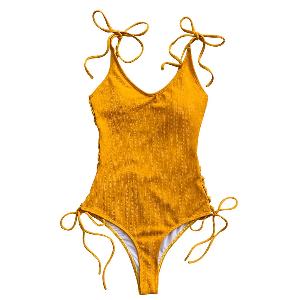 JAYCOSIN solid color strap one-piece bikini swimwear women Slim sexy swimsuit bathing beach fashion youth summer bikini yellow 