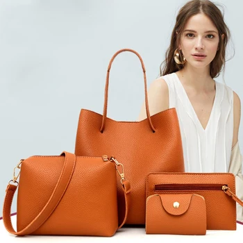 

4pcs women bag set Litchi pattern handbags for women 2020 simple Casual lady shoulder crossbody bags for women bucket bag