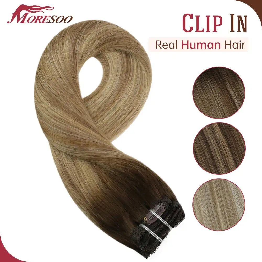 

Moresoo Clip in Hair Extensions Machine Remy Human Hair Straight Brazilian Hair 9Pcs/100G Clip Ins 16-24 Inch Double Weft