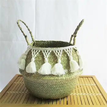 

Fringed Macrame Woven Basket Folding Decorative Basket Garden Flower Pot Rattan Basket Home Organization Laundry Basket 40a