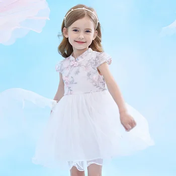 

Summer 2020 new princess skirt short sleeve Hanfu children's dress brand children's button embroidered mesh girl's dress