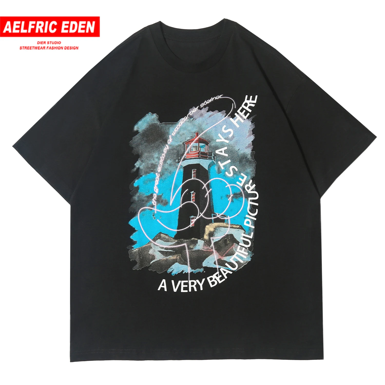 Aelfric Eden Landscape Painting Print T Shirt Men 2020 Summer Fashion Casual Cotton Half Sleeve Harajuku Loose Short | Мужская одежда