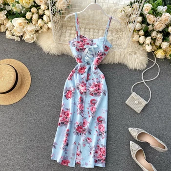 

FTLZZ Vintage Floral Print Dress Sleeveless Dress Summer Women Sexy Backless Long Dress Female Elegant Beach Party Dress