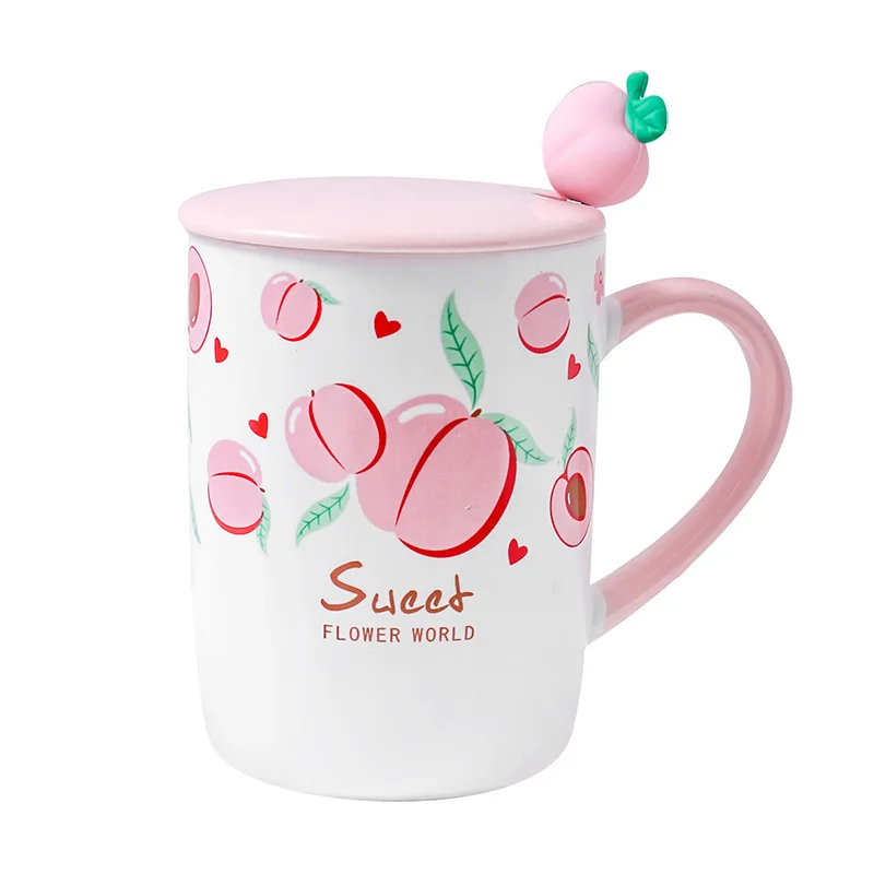 400ML Modern Fashion Coffee Mug Creative Fruit Ceramic Mugs with Lid Spoon Cartoon Couple Cups Ladies Milk Tea Office Cup | Дом и сад