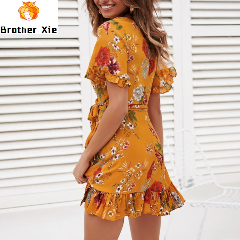 

Wrap Mini Dress Women Boho Style Floral Print Summer Beach Dress Sexy V Neck A Line Ruffle Party Dress Elegant Sundress Robe