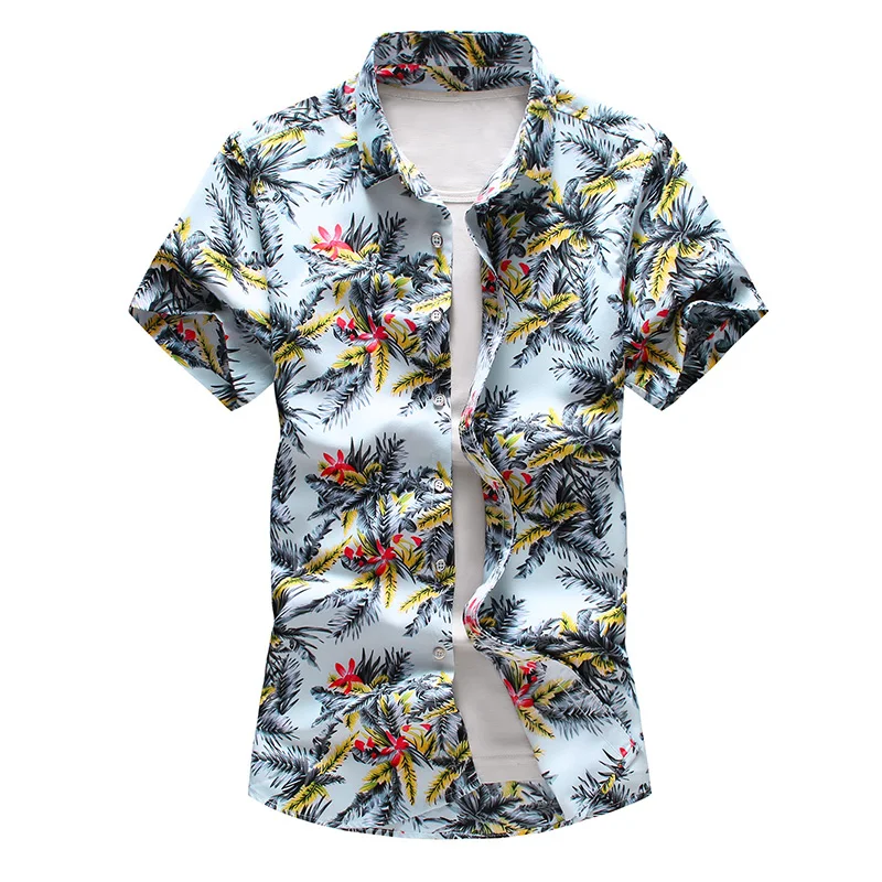 Camisa Hawaiana enrrollada Hombres XS-6XL Manga Corta Bolsillo Frontal Hawaiano-Imprimir Hibisco De Piña 