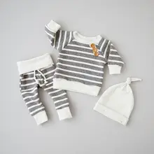 Г., 3 предмета, топы в полоску с длинными рукавами для новорожденных мальчиков и девочек, штаны Милая шапочка, комплект одежды из 3 предметов