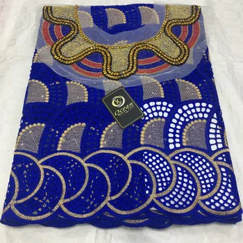 

high quality embroidered African Swiss voile lace fabric 5 yards + 1 piece rhinestones fixed collar for party dress CLL132