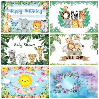 

Vinyl Backdrops Baby Cartoon Watercolor Jungle Safari Birthday Party Wild One Baby Shower Personalized Poster Photo Background
