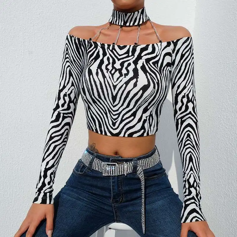 

2019 Crop Top for Womens Animal Printing T Shirt Sexy Off the Shoulder Tops Metal Chain Patchwork Choker Collar Zebra Lady Tee